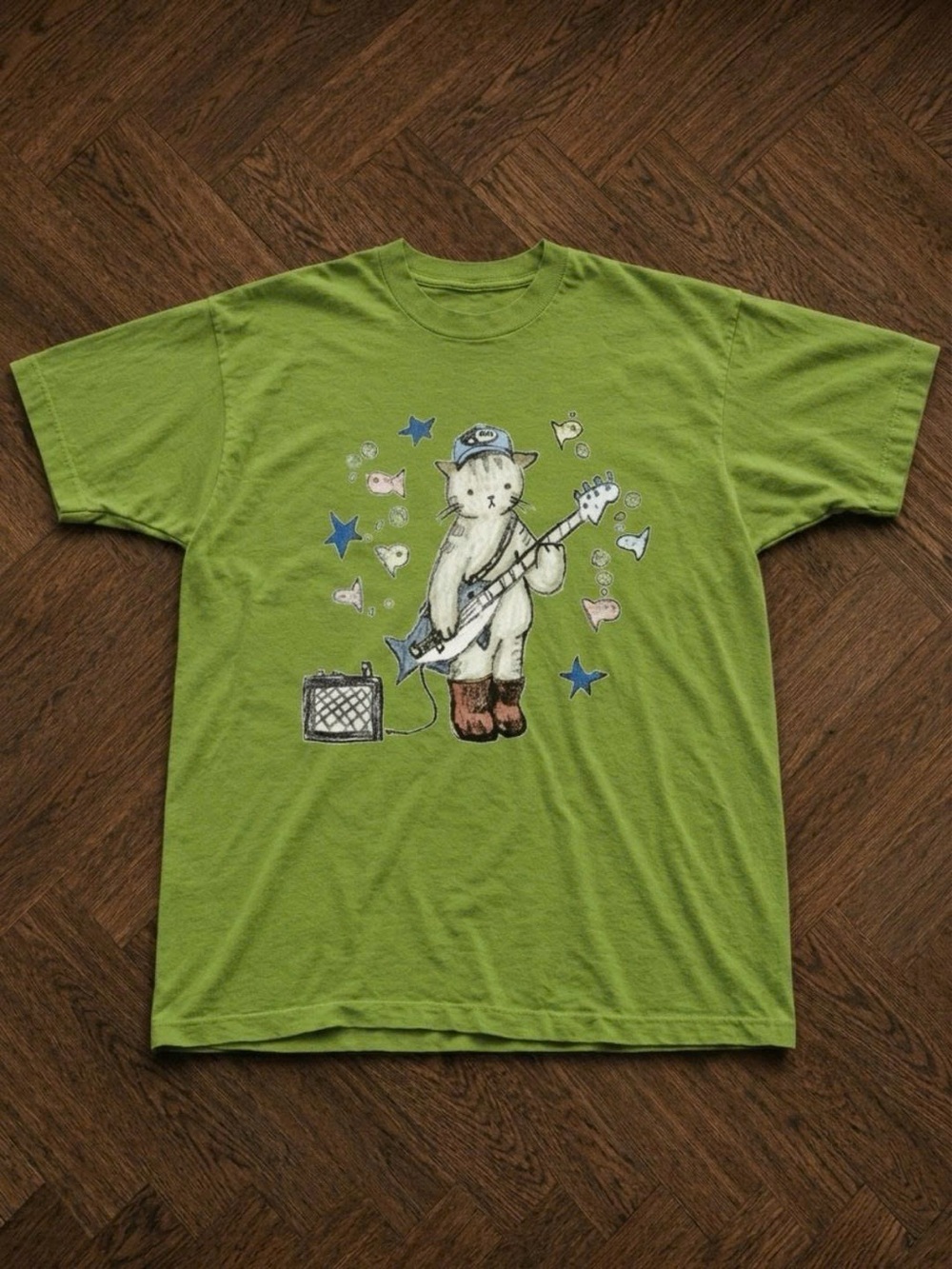Green Cat Guitar Graphic T-Shirt - Casual Pets Cat Tee